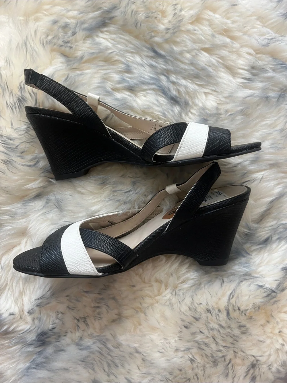 Life Stride Black & Cream Wedge Slingback Heels